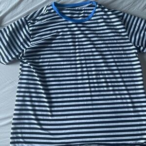Striped Black and White T-Shirt with Blue Collar